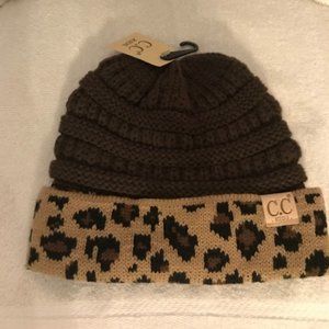 CC Brown Beanie with Leopard Detail